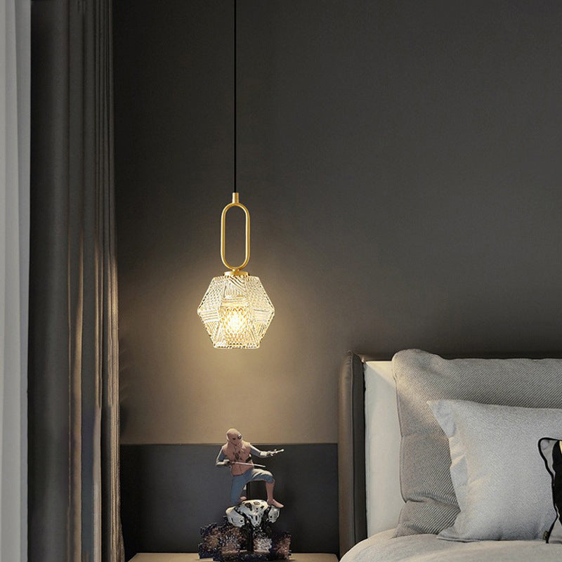 Contemporary Nordic Dome Polygonal Cube Transparent Glass Lampshade Copper 1 - Light Pendant Light For Bedside