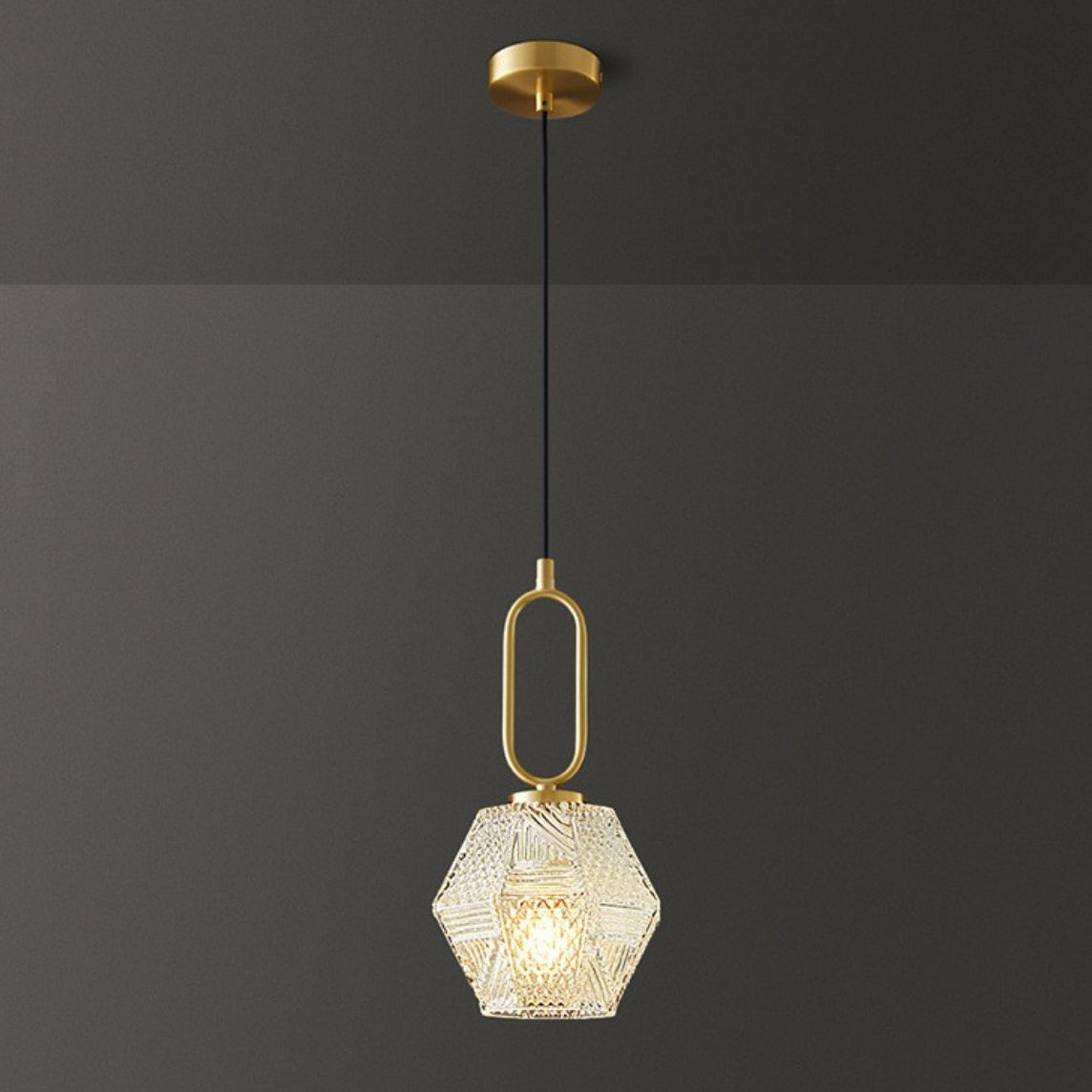 Contemporary Nordic Dome Polygonal Cube Transparent Glass Lampshade Copper 1 - Light Pendant Light For Bedside