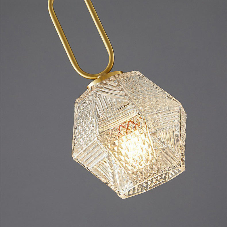 Contemporary Nordic Dome Polygonal Cube Transparent Glass Lampshade Copper 1 - Light Pendant Light For Bedside