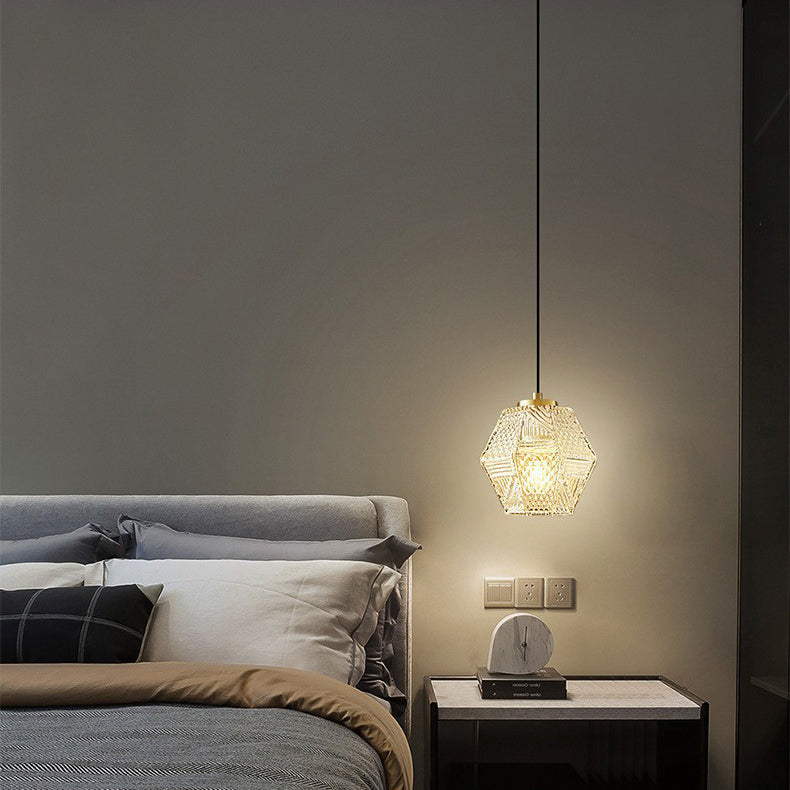 Contemporary Nordic Dome Polygonal Cube Transparent Glass Lampshade Copper 1 - Light Pendant Light For Bedside