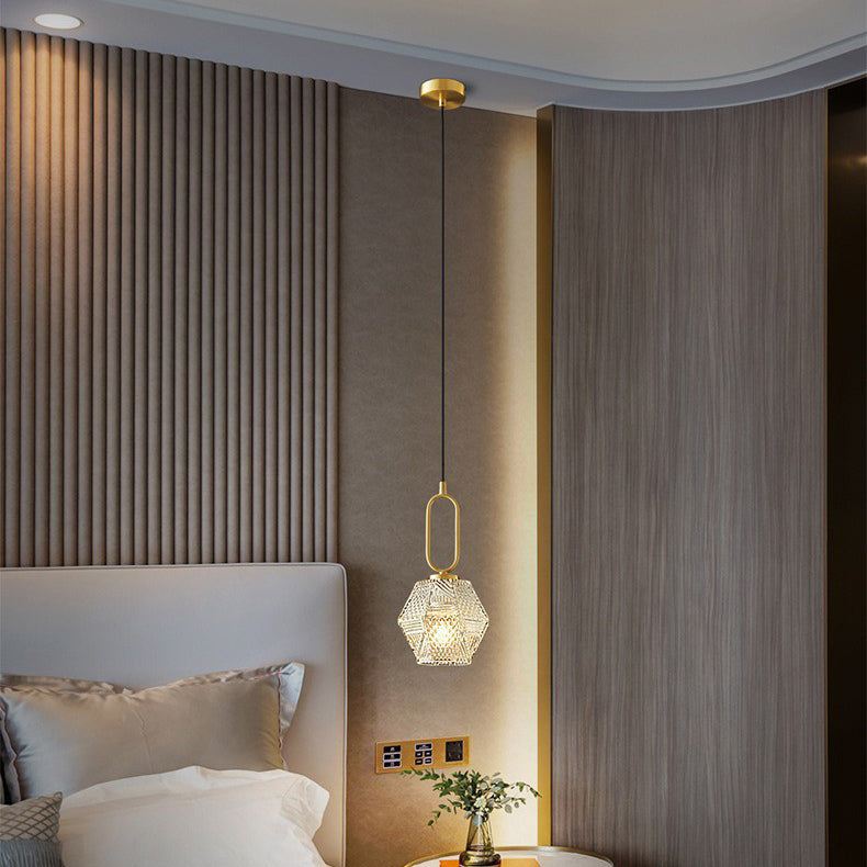 Contemporary Nordic Dome Polygonal Cube Transparent Glass Lampshade Copper 1 - Light Pendant Light For Bedside