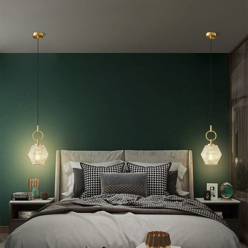 Contemporary Nordic Dome Polygonal Cube Transparent Glass Lampshade Copper 1 - Light Pendant Light For Bedside