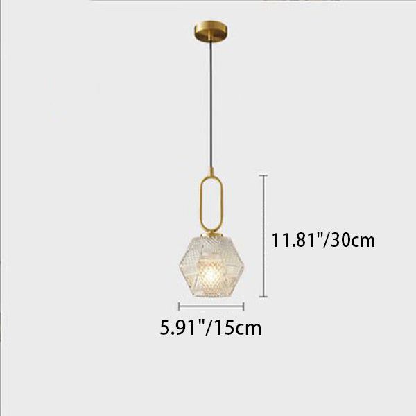 Contemporary Nordic Dome Polygonal Cube Transparent Glass Lampshade Copper 1 - Light Pendant Light For Bedside