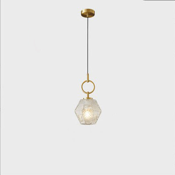 Contemporary Nordic Dome Polygonal Cube Transparent Glass Lampshade Copper 1 - Light Pendant Light For Bedside