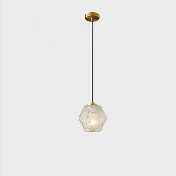 Contemporary Nordic Dome Polygonal Cube Transparent Glass Lampshade Copper 1 - Light Pendant Light For Bedside