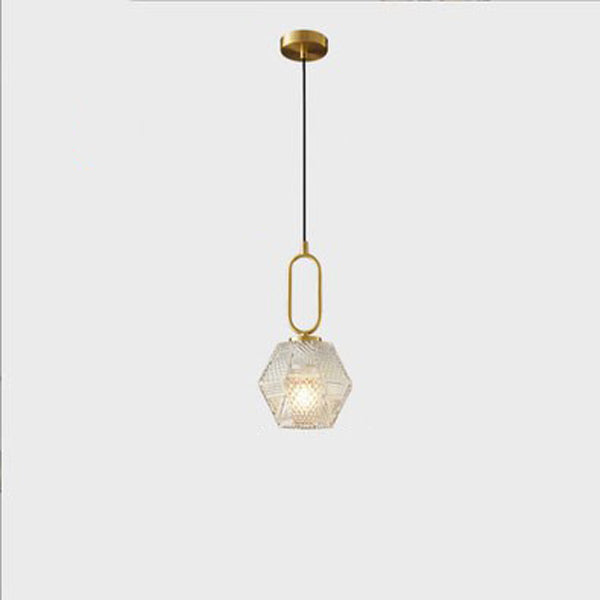Contemporary Nordic Dome Polygonal Cube Transparent Glass Lampshade Copper 1 - Light Pendant Light For Bedside