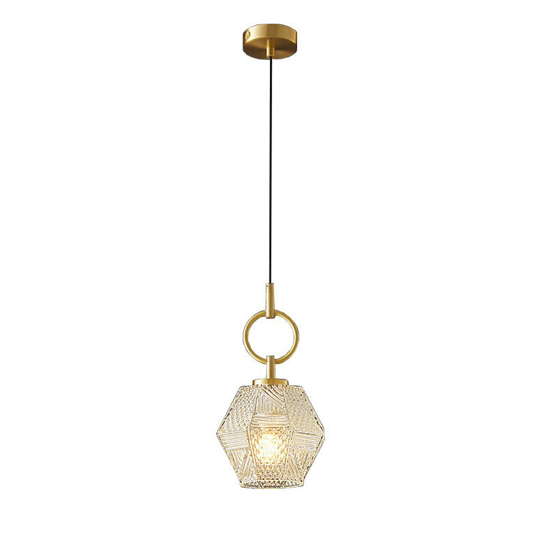 Contemporary Nordic Dome Polygonal Cube Transparent Glass Lampshade Copper 1 - Light Pendant Light For Bedside