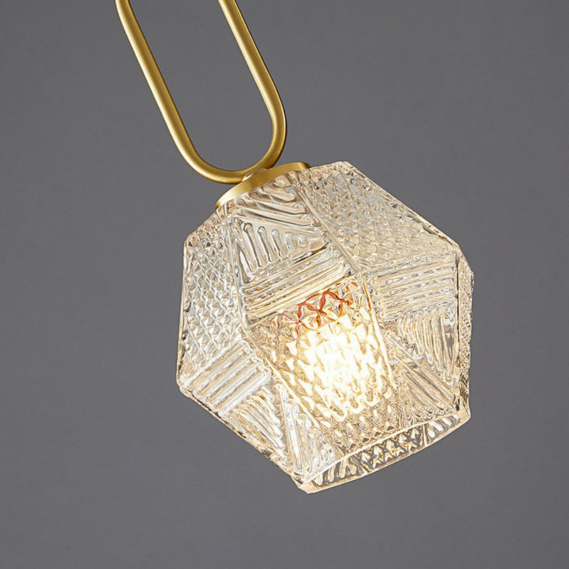 Contemporary Nordic Dome Polygonal Cube Transparent Glass Lampshade Copper 1 - Light Pendant Light For Bedside