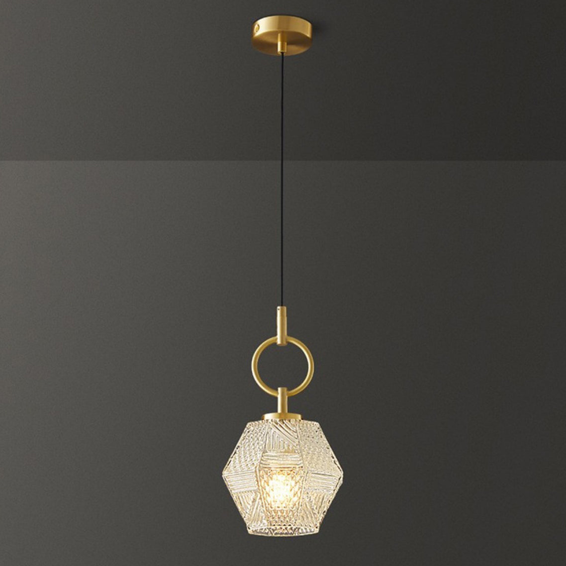 Contemporary Nordic Dome Polygonal Cube Transparent Glass Lampshade Copper 1 - Light Pendant Light For Bedside