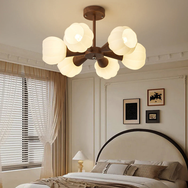 Contemporary Retro Dome Glass Pumpkin Lampshade Wood 4/6 - Light Chandeliers For Living Room