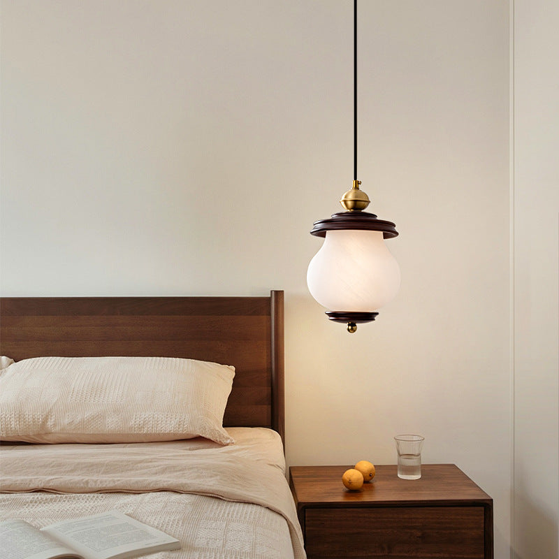 Contemporary Retro Round Bottle Glass Lampshade Walnut Iron 1/3 - Light Chandeliers For Dining Room