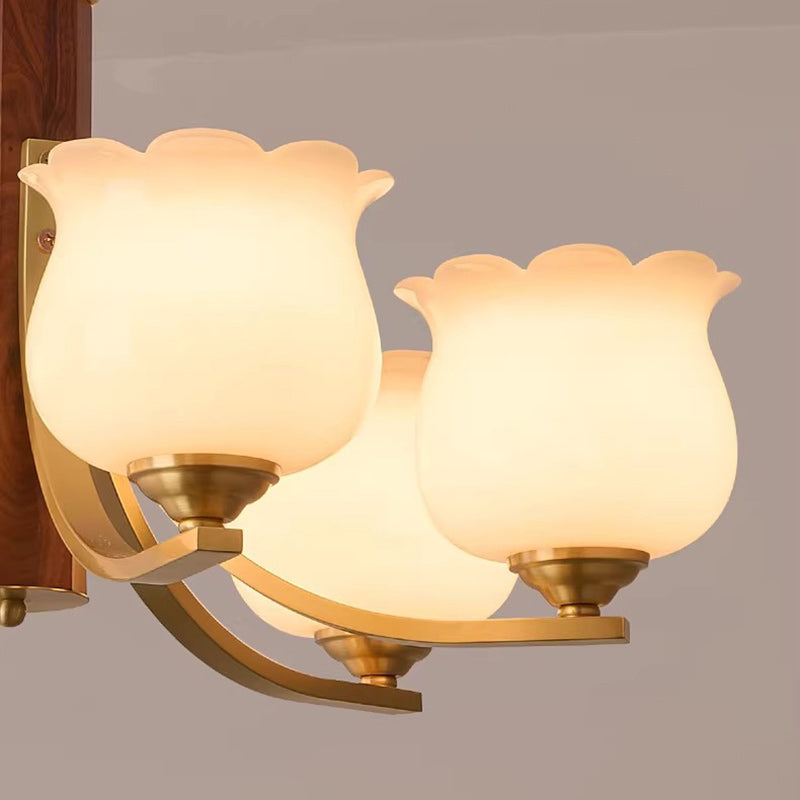 Traditional Japanese Dome Branch Curved Rod Flower Oval Copper Walnut Glass Lampshade 3/6 - Light Chandeliers For Living Room
