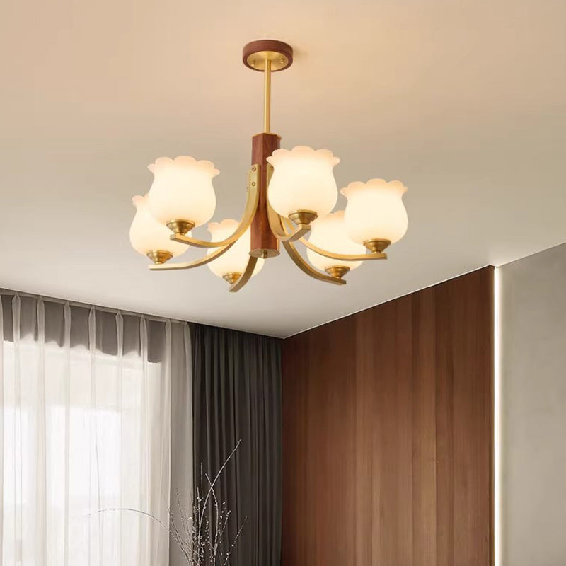 Traditional Japanese Dome Branch Curved Rod Flower Oval Copper Walnut Glass Lampshade 3/6 - Light Chandeliers For Living Room