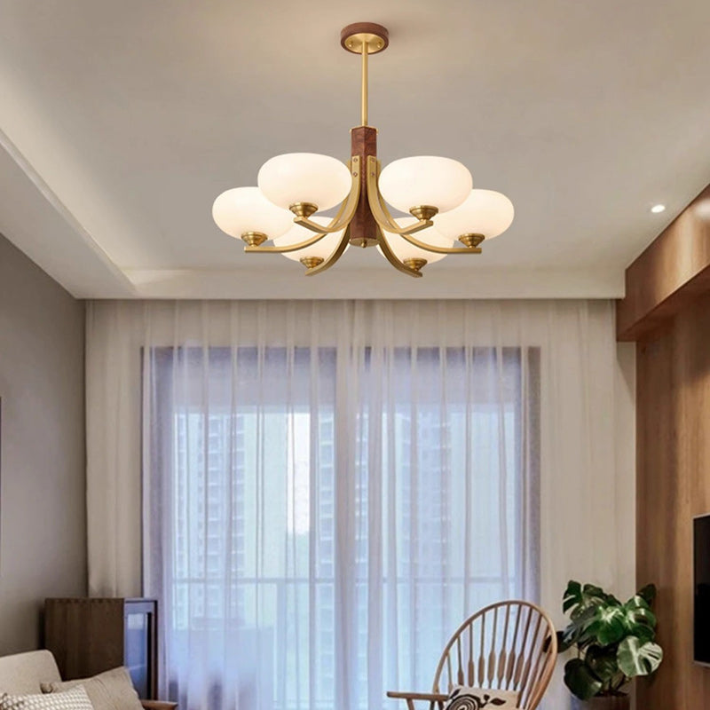 Traditional Japanese Dome Branch Curved Rod Flower Oval Copper Walnut Glass Lampshade 3/6 - Light Chandeliers For Living Room