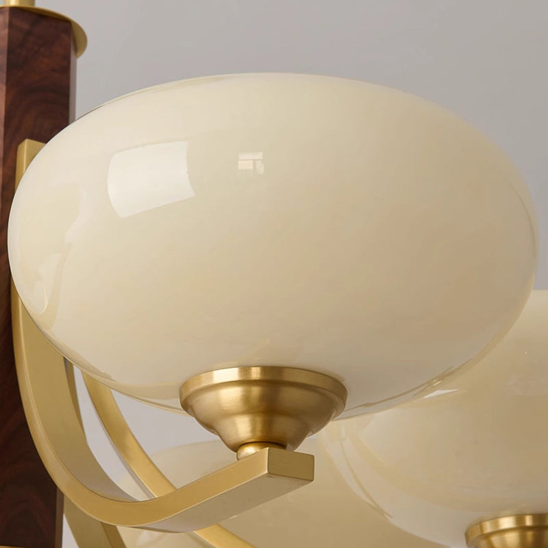 Traditional Japanese Dome Branch Curved Rod Flower Oval Copper Walnut Glass Lampshade 3/6 - Light Chandeliers For Living Room