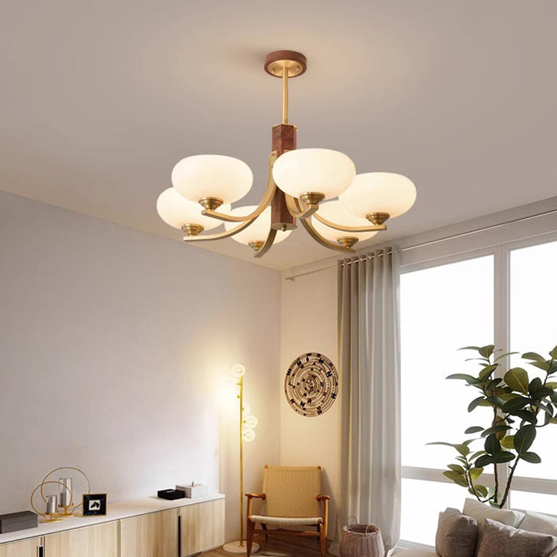 Traditional Japanese Dome Branch Curved Rod Flower Oval Copper Walnut Glass Lampshade 3/6 - Light Chandeliers For Living Room