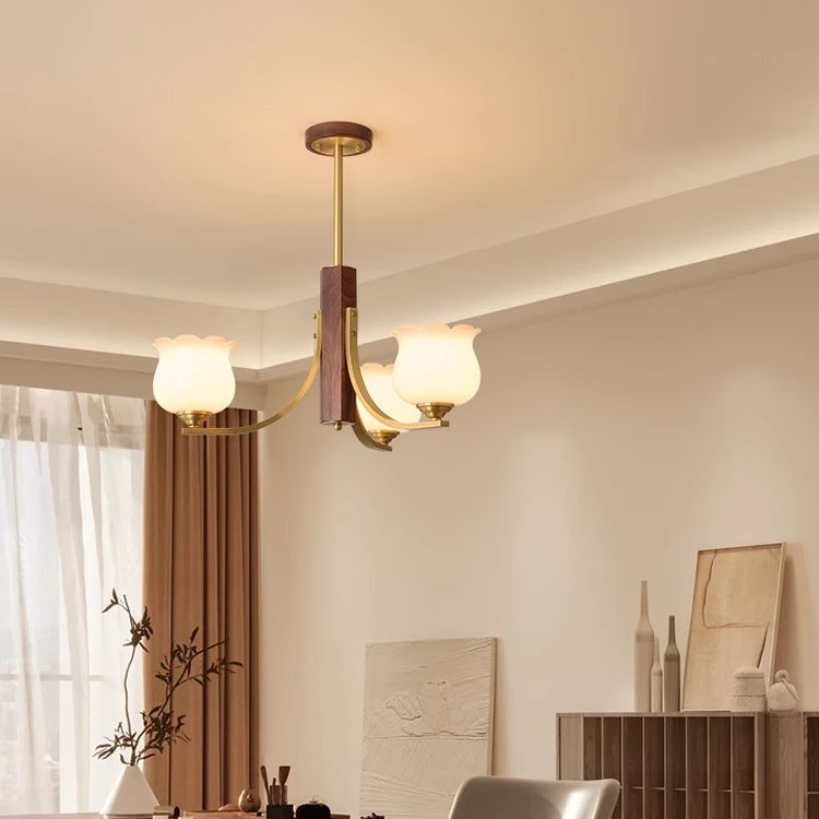 Traditional Japanese Dome Branch Curved Rod Flower Oval Copper Walnut Glass Lampshade 3/6 - Light Chandeliers For Living Room