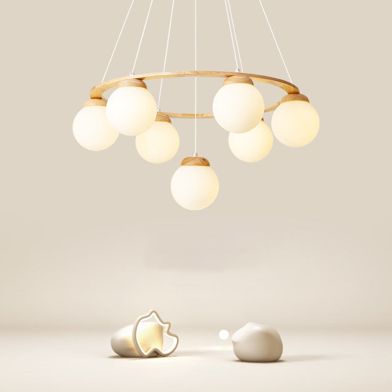 Contemporary Scandinavian Round Orb Rubber Wood Glass Lampshade 4/6/7 - Light Chandelier For Living Room