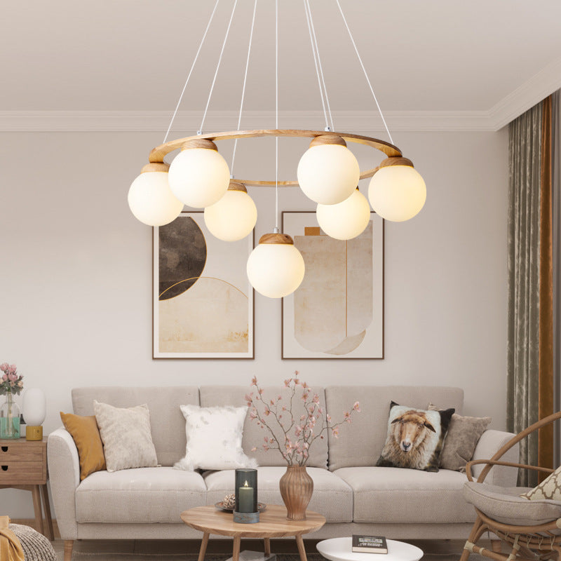 Contemporary Scandinavian Round Orb Rubber Wood Glass Lampshade 4/6/7 - Light Chandelier For Living Room