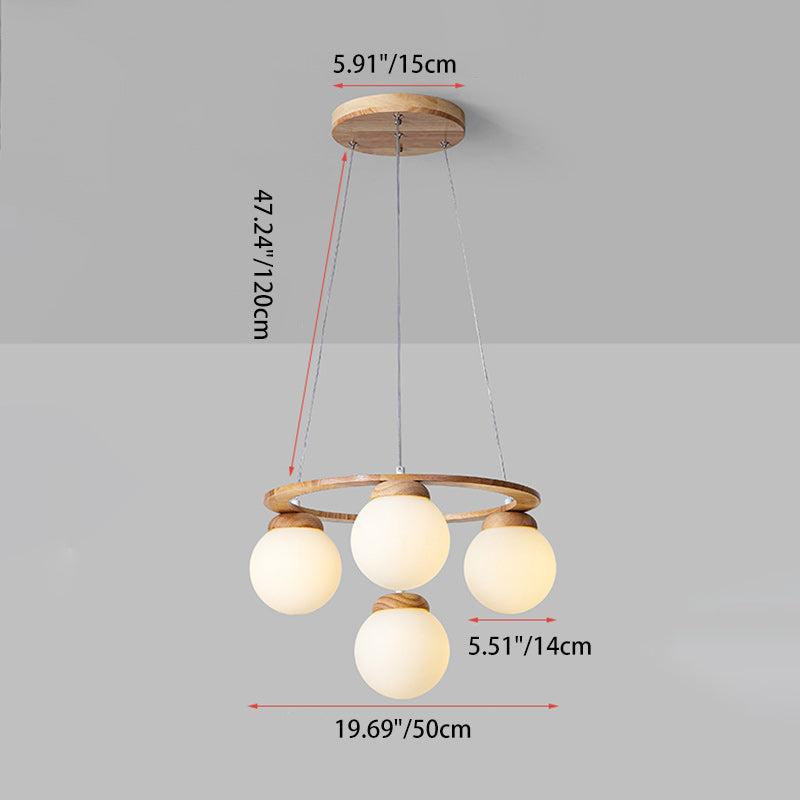 Contemporary Scandinavian Round Orb Rubber Wood Glass Lampshade 4/6/7 - Light Chandelier For Living Room