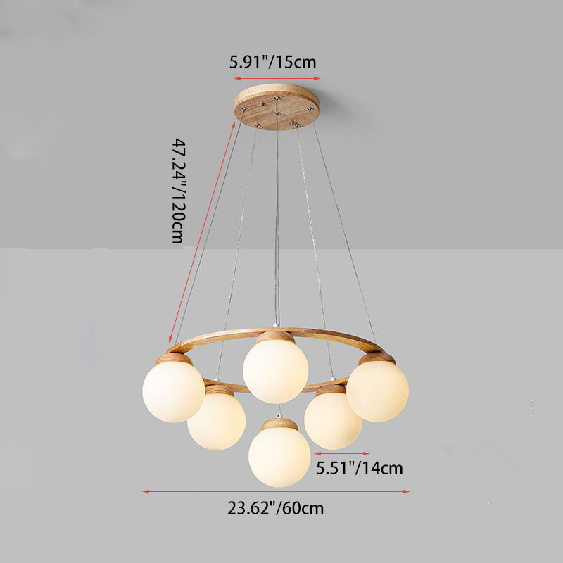 Contemporary Scandinavian Round Orb Rubber Wood Glass Lampshade 4/6/7 - Light Chandelier For Living Room