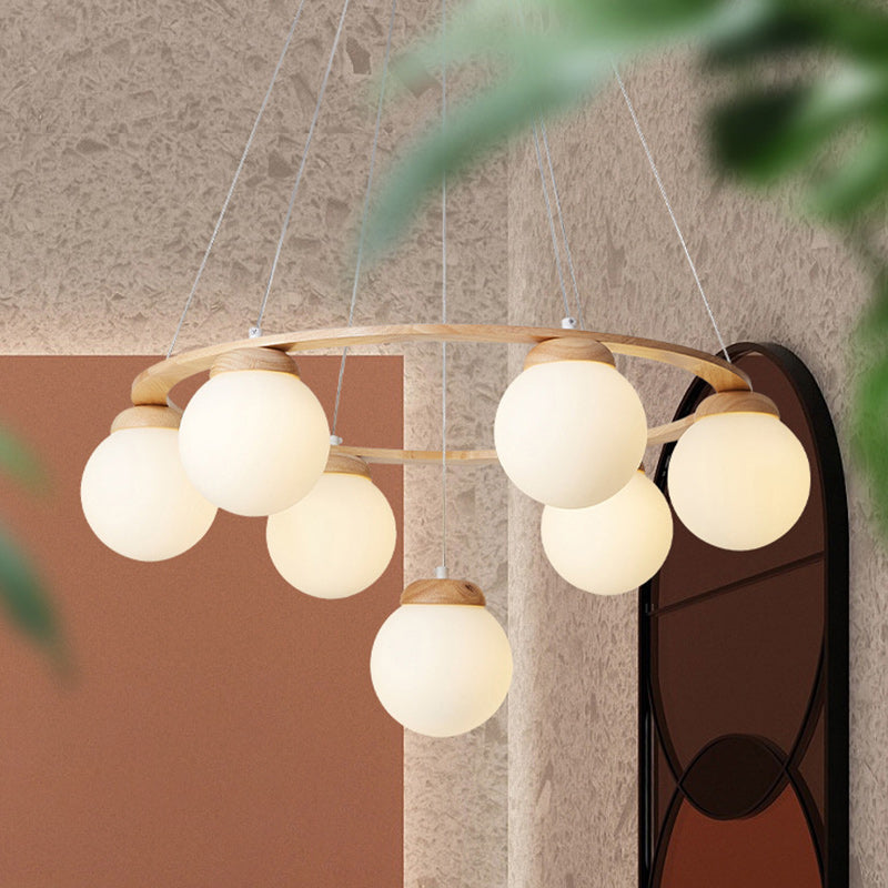 Contemporary Scandinavian Round Orb Rubber Wood Glass Lampshade 4/6/7 - Light Chandelier For Living Room