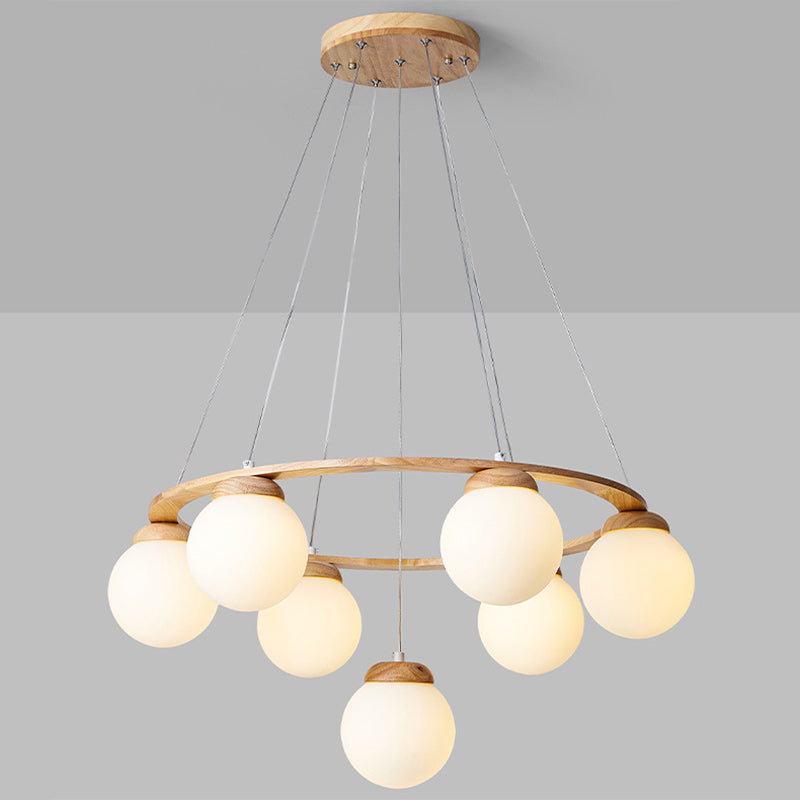Contemporary Scandinavian Round Orb Rubber Wood Glass Lampshade 4/6/7 - Light Chandelier For Living Room