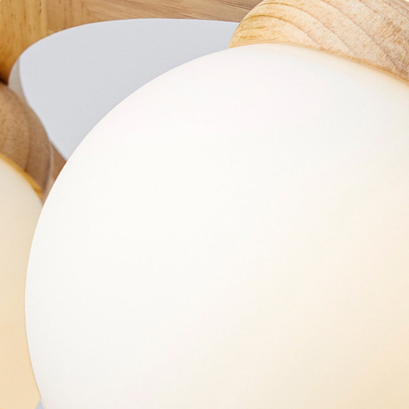 Contemporary Scandinavian Round Orb Rubber Wood Glass Lampshade 4/6/7 - Light Chandelier For Living Room