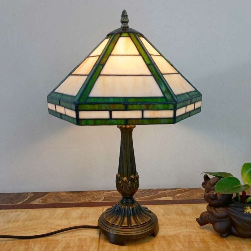 Traditional Vintage Resin Base Conical Glass Lampshade Grid 1 - Light Table Lamp For Living Room