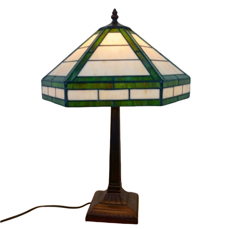 Traditional Vintage Resin Base Conical Glass Lampshade Grid 1 - Light Table Lamp For Living Room