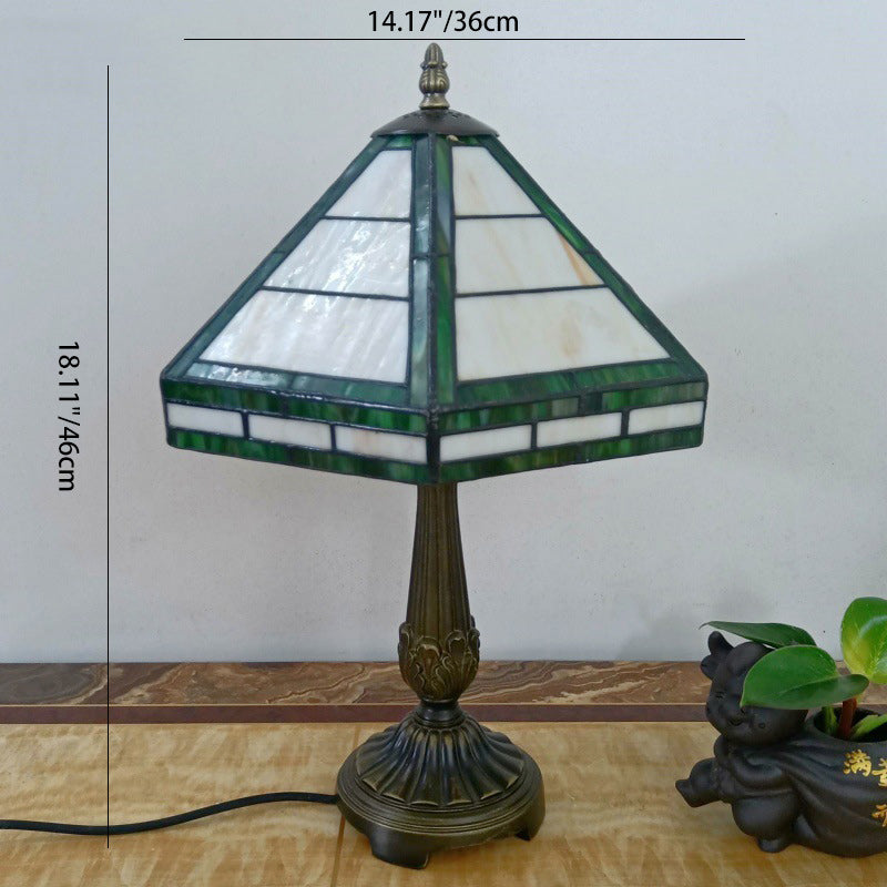 Traditional Vintage Resin Base Conical Glass Lampshade Grid 1 - Light Table Lamp For Living Room