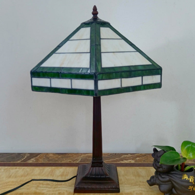 Traditional Vintage Resin Base Conical Glass Lampshade Grid 1 - Light Table Lamp For Living Room