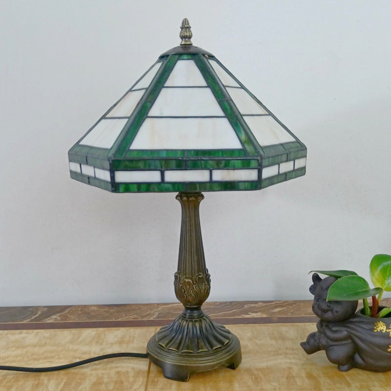 Traditional Vintage Resin Base Conical Glass Lampshade Grid 1 - Light Table Lamp For Living Room