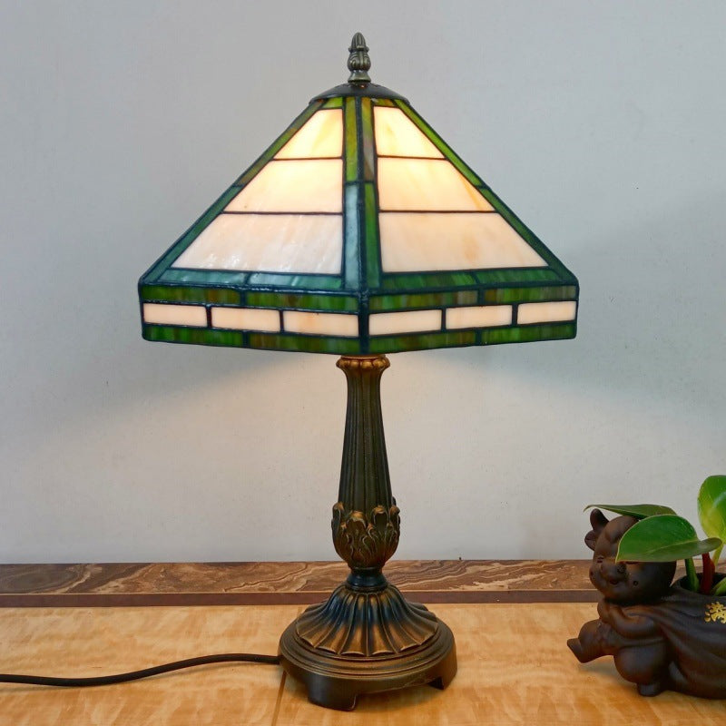 Traditional Vintage Resin Base Conical Glass Lampshade Grid 1 - Light Table Lamp For Living Room