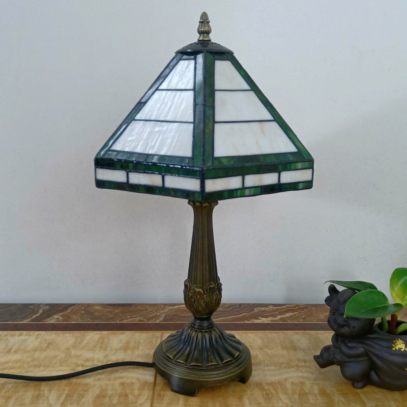 Traditional Vintage Resin Base Conical Glass Lampshade Grid 1 - Light Table Lamp For Living Room