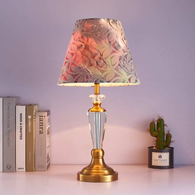 Traditional European Fabric Lampshade Crystal Copper Base 1 - Light Table Lamp For Living Room