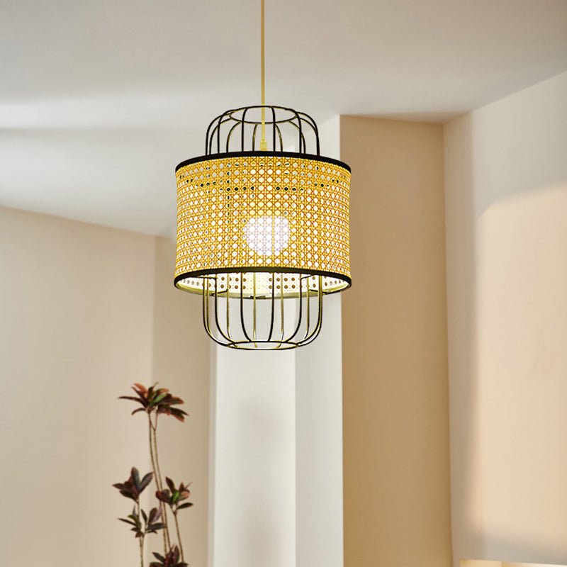 Contemporary Boho Cylinder Plastic Rattan Weaving Iron 1 - Light Pendant Light For Living Room