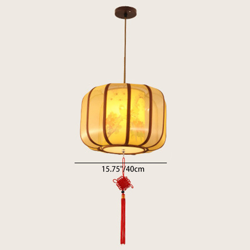 Traditional Chinese Lotus Cylinder Lantern Fabric Lampshade Iron 1 - Light Chandelier For Living Room