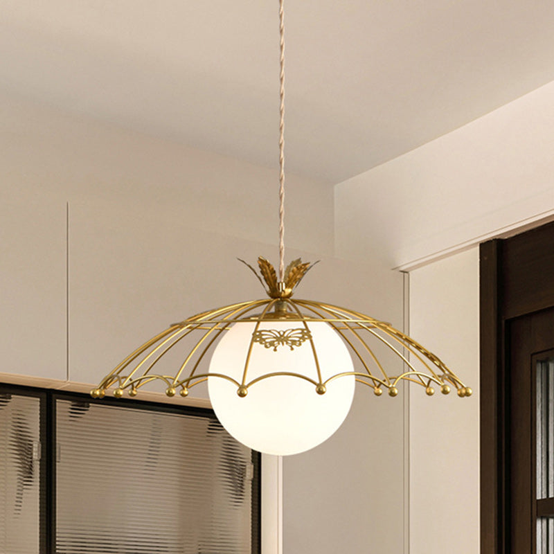 Contemporary Scandinavian Iron Mesh Hat Round Ball Glass Lampshade 1 - Light Chandelier For Living Room
