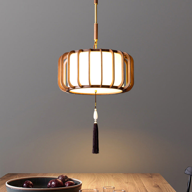 Traditional Chinese Lantern Shape Acrylic Lampshade Walnut Brass 3/5 - Light Chandelier For Dining Room