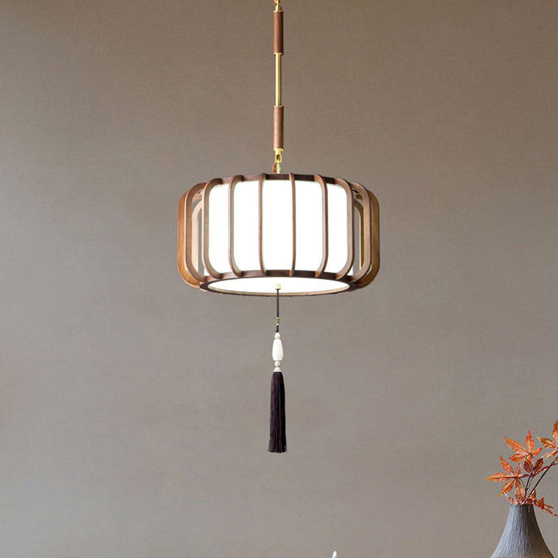 Traditional Chinese Lantern Shape Acrylic Lampshade Walnut Brass 3/5 - Light Chandelier For Dining Room
