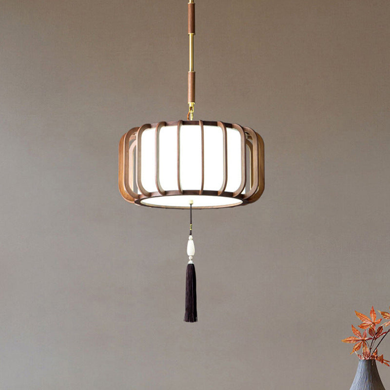 Traditional Chinese Lantern Shape Acrylic Lampshade Walnut Brass 3/5 - Light Chandelier For Dining Room