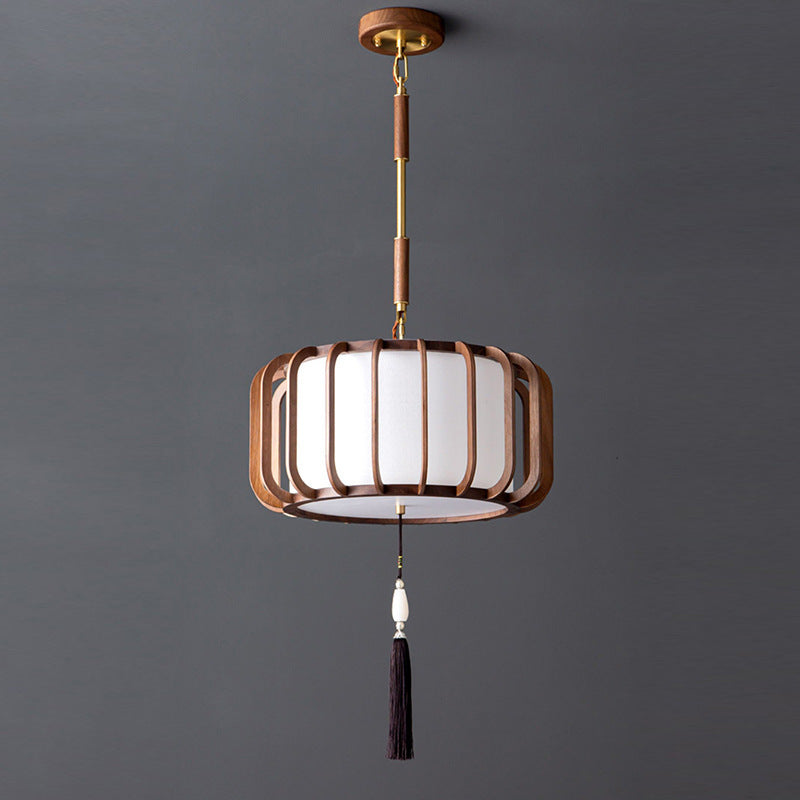 Traditional Chinese Lantern Shape Acrylic Lampshade Walnut Brass 3/5 - Light Chandelier For Dining Room