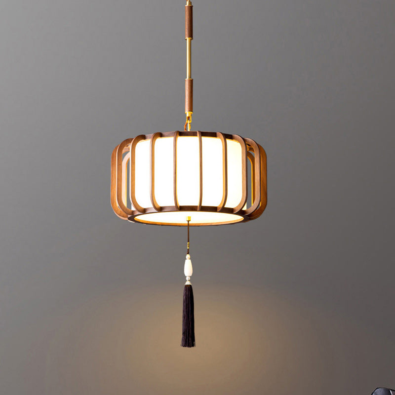 Traditional Chinese Lantern Shape Acrylic Lampshade Walnut Brass 3/5 - Light Chandelier For Dining Room