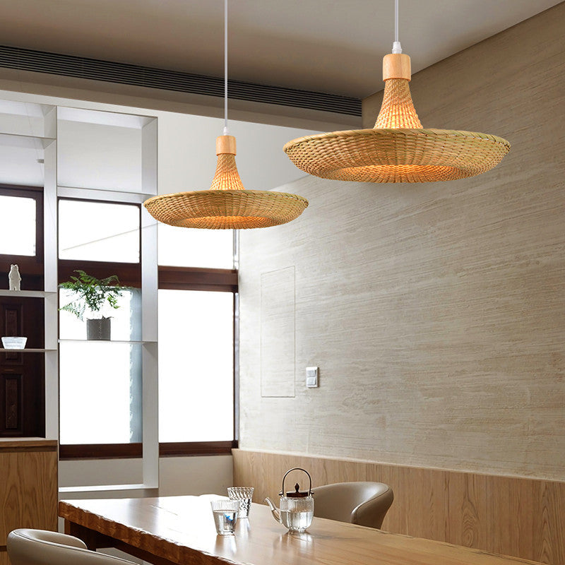 Contemporary Boho Hat Shape Bamboo Weaving Iron 1 - Light Pendant Light For Dining Room