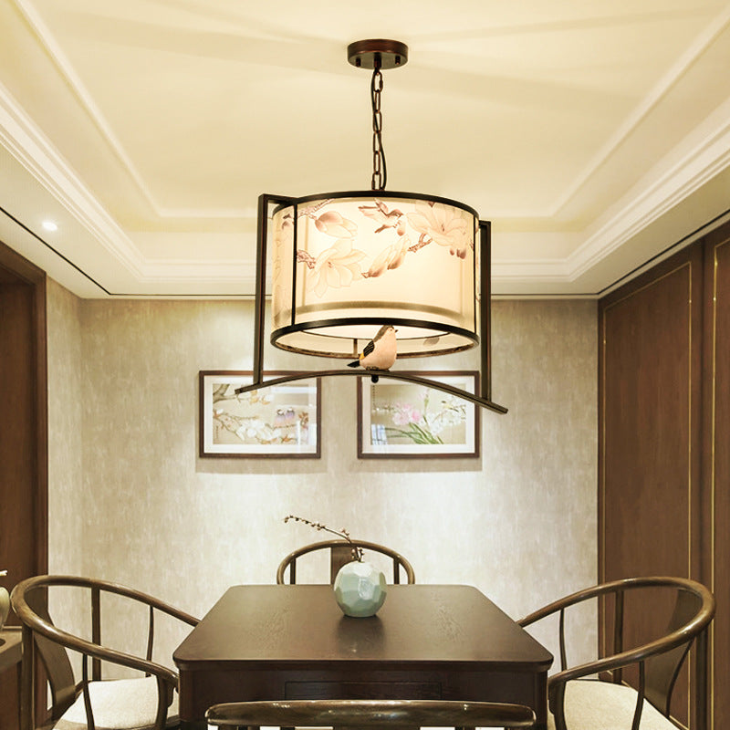 Traditional Chinese Flower Pattern Bird Fabric Lampshade Iron 3 - Light Chandeliers For Dining Room