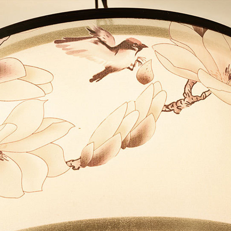 Traditional Chinese Flower Pattern Bird Fabric Lampshade Iron 3 - Light Chandeliers For Dining Room