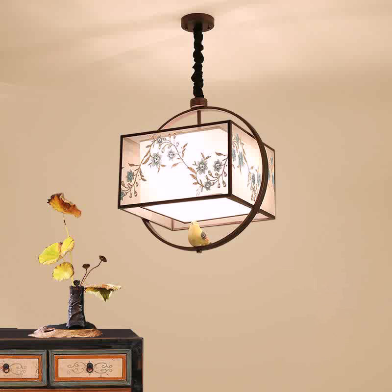 Traditional Chinese Flower Pattern Bird Fabric Lampshade Iron 3 - Light Chandeliers For Dining Room