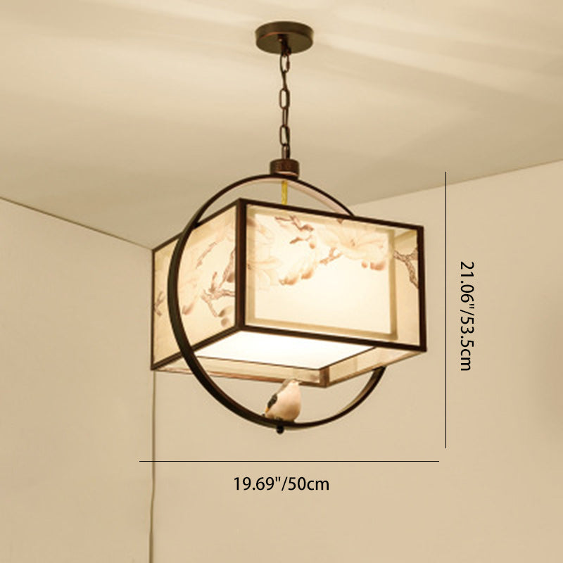 Traditional Chinese Flower Pattern Bird Fabric Lampshade Iron 3 - Light Chandeliers For Dining Room