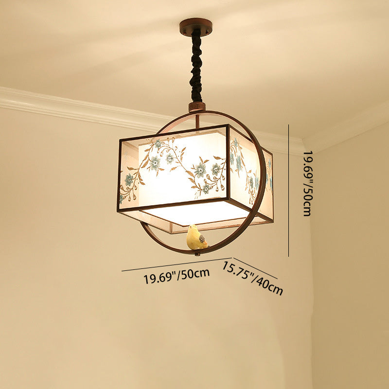 Traditional Chinese Flower Pattern Bird Fabric Lampshade Iron 3 - Light Chandeliers For Dining Room